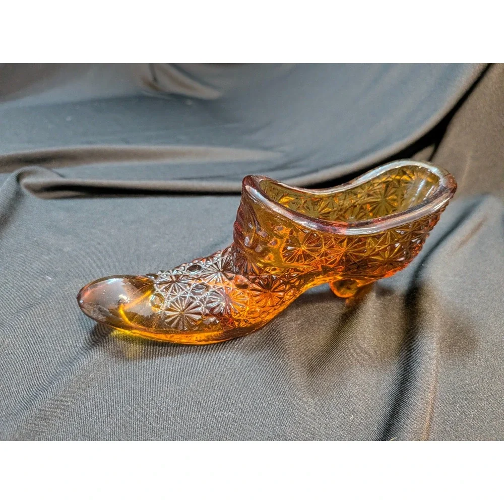 Vintage Amber Pressed Glass Shoe Starburst Pattern L.E. Smith Style –Collectible